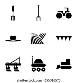 Farmer icons set. set of 9 farmer filled icons such as field, tractor, pitchfork, plowing tool