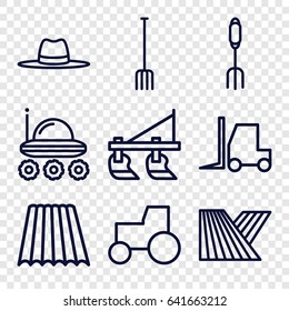 Farmer icons set. set of 9 farmer outline icons such as field, tractor, pitchfork