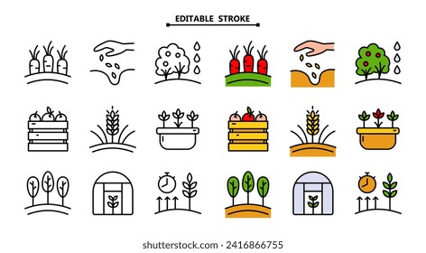 Farmer icons set. Editable stroke. Flat collection of farmer vector icons for web design isolated on white background. Symbol, logo illustration. Vector graphics.