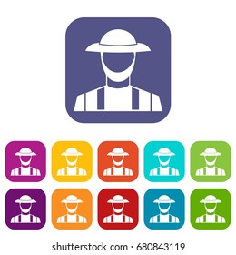 Farmer icons set vector illustration in flat style in colors red, blue, green, and other