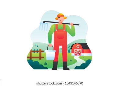 Farmer Illustration. Barn Vector Design. A Man Standing Holding Pitchfork And Bucket With Beautiful Village Background