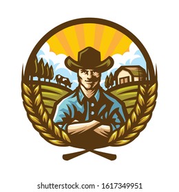 Farmer Illustration Logo Template isolated on White Background