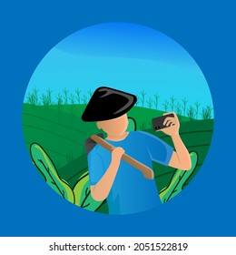 farmer illustration with rice field and plants background