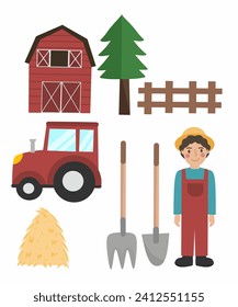 Farmer illustration,  set of farm elements,a farm equipment, farm vector collection 