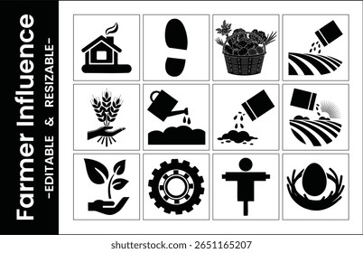 Farmer Influence Icon Set Agricultural Black And White Vector Illustration Agriculture Farming Concept