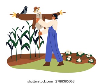 Farmer installing scarecrow in vegetable garden for harvest and crop protection in countryside. Funny dummy, puppet monster protecting farm field. Flat vector illustration isolated on white background