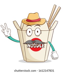 A farmer of instant cup noodle cartoon character with peace hand sign and funny smile face
