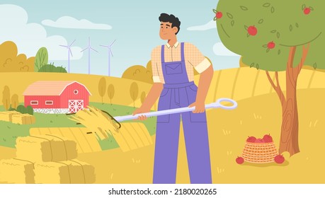 Farmer Job. Flat vector illustration with male character of a farmer in uniform performs work on his farm. Concept of agricultural work.