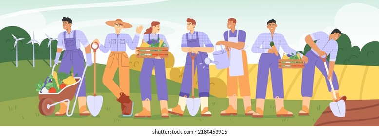 Farmer Job set. Flat vector illustration with a group of farmers harvesting or working on a farm. Concept of agricultural.