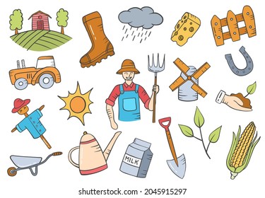 farmer jobs or profession doodle hand drawn set collections with flat outline style