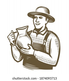 Farmer with jug of milk. Farming sketch vintage vector