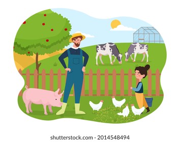 Farmer and kid. Little girl feeds the chickens with grain. Farm with various animals. Child performs housework. Agricultural industry. Cartoon flat vector illustration isolated on a white background