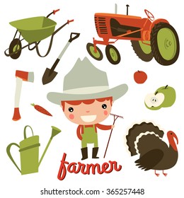 farmer kid profession. cute character set.