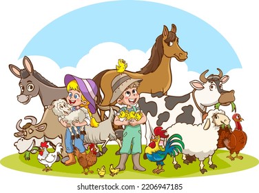 niños agricultores y animales de granja