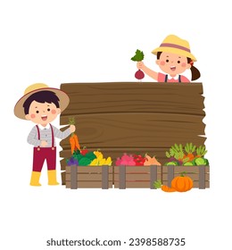 Farmer kids with wooden board and wooden boxes of vegetables