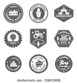 Farmer label black set with natural organic market products isolated vector illustration
