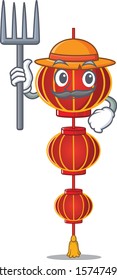 Farmer lampion chinese lantern cartoon character with hat and tools