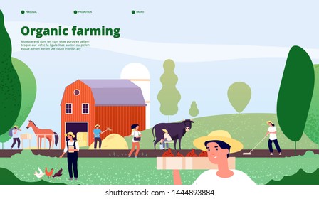 Farmer landing page. Agricultural workers work with equipment in nature, agriculture and organic farming vector concept. Farmer agriculture, farm work agricultural illustration