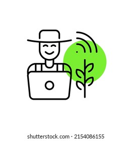 Farmer at a laptop using remote control smart technologies. Pixel perfect, editable stroke icons
