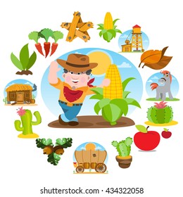 Farmer and a large ear of corn. Agricultural business. Set of color illustrations on the theme of farming.