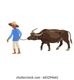 Farmer leading water buffalo. Vector illustration on the white