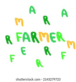 Farmer Lettering Text Helthy Marker Fresh Agricultural Sketch Vector Icon. Ranch Rural Countryside. Harvest Scarcity Concept, Industry Problems Symbol. Hand Drawn Bio Illustration Isolated On White.