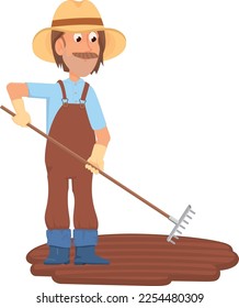 Farmer leveling soil with rake. Cartoon gardener character