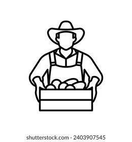 The farmer is a linear icon. A hatted man in a dungarees holds a wooden box with vegetables in his hands. A harvest and farming concept. Linear illustration, editable thin stroke.