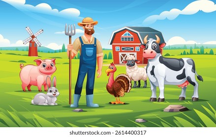 Farmer with livestock animals including cow, pig, sheep, turkey, and rabbit. Vector cartoon illustration