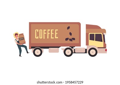 Farmer loading bags with coffee into van, flat vector illustration isolated on white background. Stage of coffee drink production and transportation to customers.