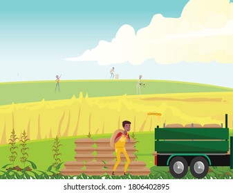 Farmer loading his crops on truck, on a sunny day countyside