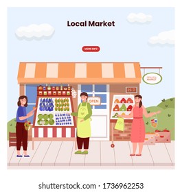 Farmer in local market offers fresh vegetables and grocery in street food stall. Farm marketplace and shop. Concept illustration. Vector web site design template. Landing page website illustration