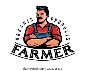 Farmer logo or emblem. Farm, agriculture, farming badge. Organic natural food symbol vector illustration