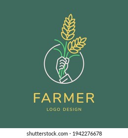 Farmer logo, hand with rice vector illustration for agricultural concept. Minimal thin line style.