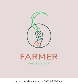 Farmer logo, hand sickle vector illustration for agricultural concept. Minimal thin line style.