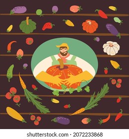 farmer logo surrounded by vegetables
