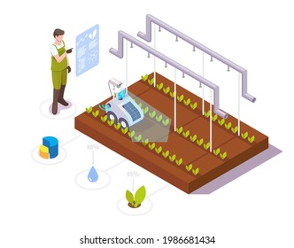 Farmer making crop growth analysis in greenhouse using robotics technologies, flat vector isometric illustration. Smart greenhouse horticulture robotics. Smart farming.