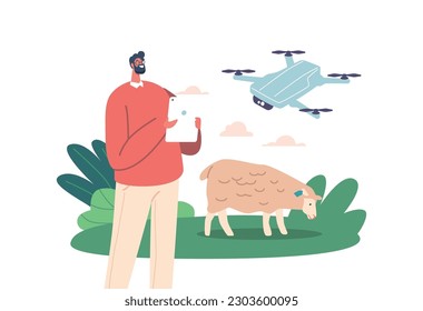 Farmer Male Character Employs Drone To Monitor Sheep And Livestock, Utilizing Aerial Technology To Observe Grazing