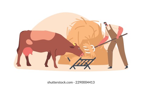 Farmer Male Character Gives Hay To A Cow On A Livestock Farm, Ensuring The Animal Is Well-fed And Taken Care Of