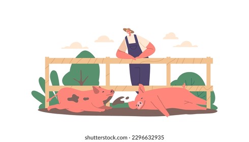 Farmer Male Character Standing at Fence Observing Pigs Wallowing In Mud. Pigs Are Rolling, Splashing Vector Illustration