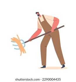 Farmer Male Character Stands With A Pitchfork In Hands And Hay, Ready For A Hard Day's Work On The Farm, Feeding
