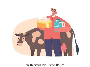 Farmer Male Character Stands Proudly Beside His Cow, Showcasing An Array Of Fresh Dairy Products Including Milk, Cheese