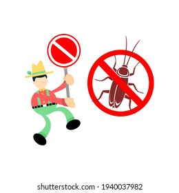 farmer man agriculture chase away stop Cockroach pest insect cartoon doodle flat design style vector illustration