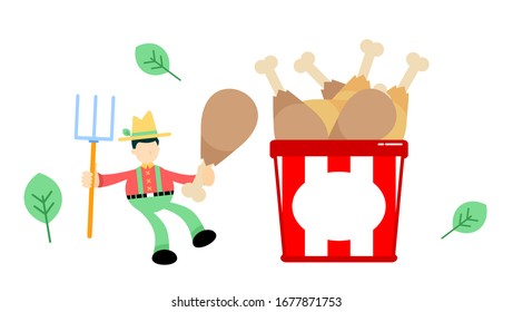 farmer man agriculture and chicken drumstick bucket box snack cartoon doodle flat design style vector illustration