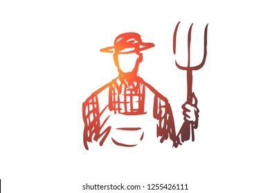 Farmer, man, agriculture, farming, harvest concept. Hand drawn male farmer with hayfork concept sketch. Isolated vector illustration.