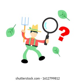 farmer man agriculture and magnifying glass find cartoon doodle flat design style vector illustration