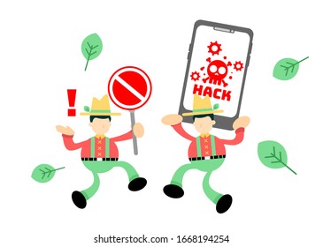 farmer man agriculture stop hack protection system cartoon doodle flat design style vector illustration