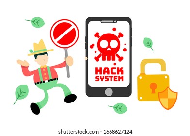 farmer man agriculture stop hack protection system cartoon doodle flat design style vector illustration