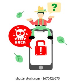 farmer man agriculture stop hack protection system cartoon doodle flat design style vector illustration
