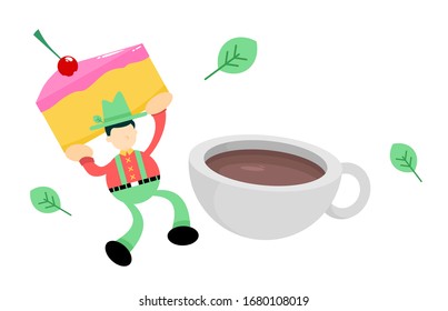 farmer man agriculture and sweet cake drink coffee cup cartoon doodle flat design style vector illustration